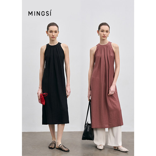 MINGSI高级感中长款无袖A字裙