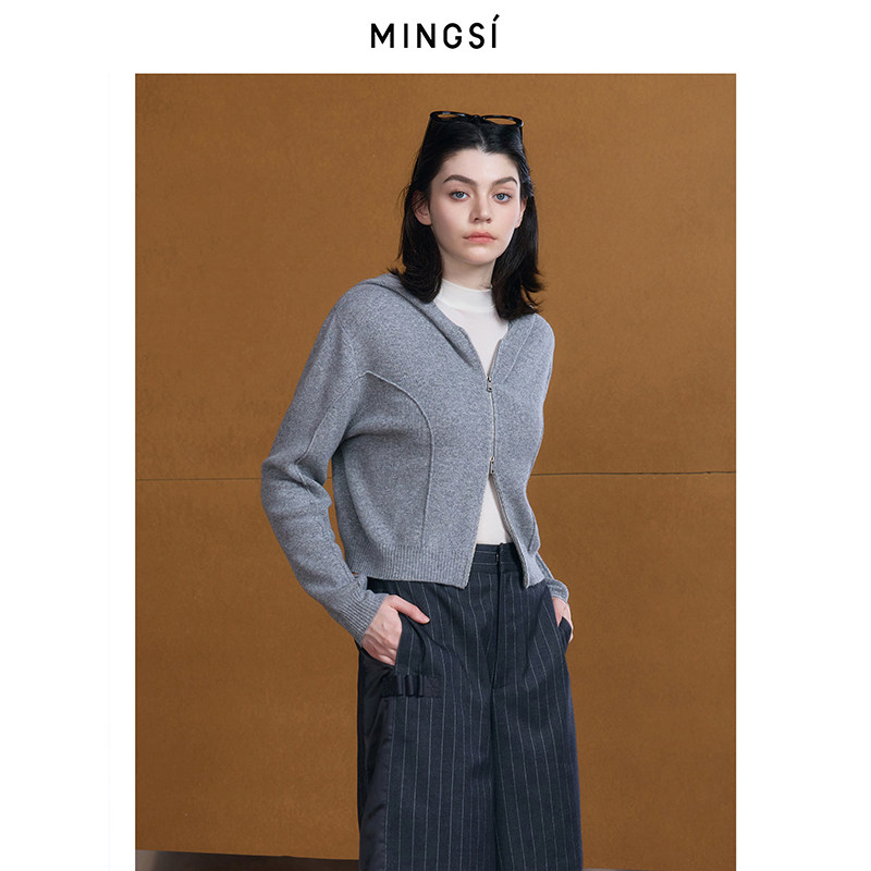 MINGSI连帽拉链针织开衫女灰色短款落肩宽松百搭春季休闲卫衣外套