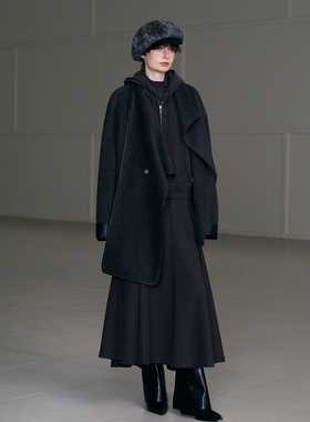 【商场同款】JEEN黑/灰色立领蝙蝠袖羊毛大衣中长款外套JB1040108