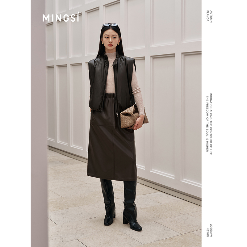 2025秋冬茶棕色立领假皮羽绒马甲