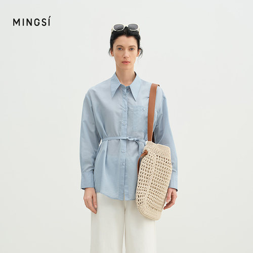 MINGSI26春浅天蓝微光系带衬衫