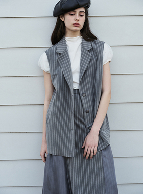 MINGSI x JEEN夏季烟灰色条纹拼接定制西装中长款马甲JB102080404