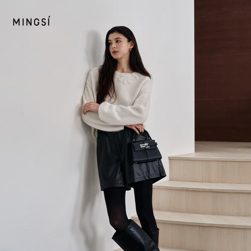 MINGSI黑色亮面皮短裤
