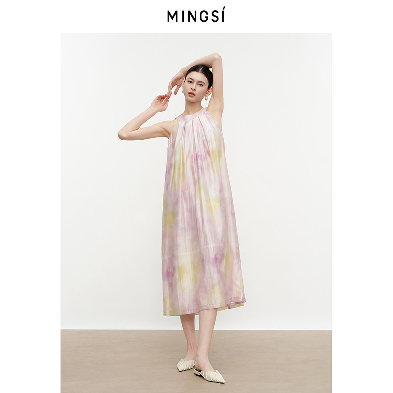 MINGSI夏朦胧花影连衣裙挂脖吊带露肩腰带中长裙度假