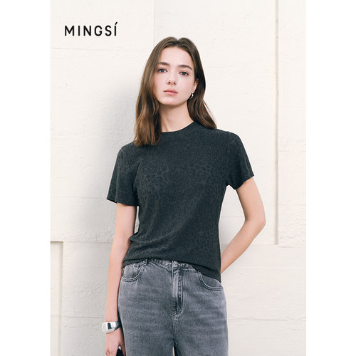 MINGSI晕染豹纹设计针织短袖