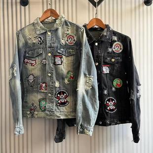 新款背杀洗水牛仔夹克外套重工多勋章大破坏直喷丝网印花多种工艺