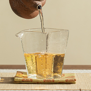 日式锤纹四角玻璃公道杯耐热分茶器单个家用透明公杯茶海茶具配件