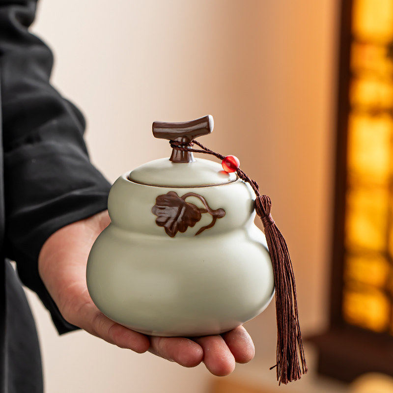 米黄汝窑葫芦茶叶罐陶瓷小号储存罐防潮密封茶罐高级感茶叶储存罐,餐饮具,茶叶罐,淘宝优惠券,粉丝福利购,淘宝优惠卷