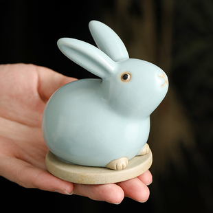 汝窑卯兔茶宠开片可养小白兔禅意茶玩茶台小摆件家居个性茶道摆件