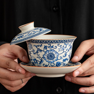 汝窑悬停三才盖碗大容量敬茶碗高档不烫手陶瓷家用泡茶碗功夫茶具