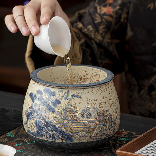 火石红篮彩滕王阁茶渣缸陶瓷茶洗建水水盂茶废水功夫茶具茶道配件