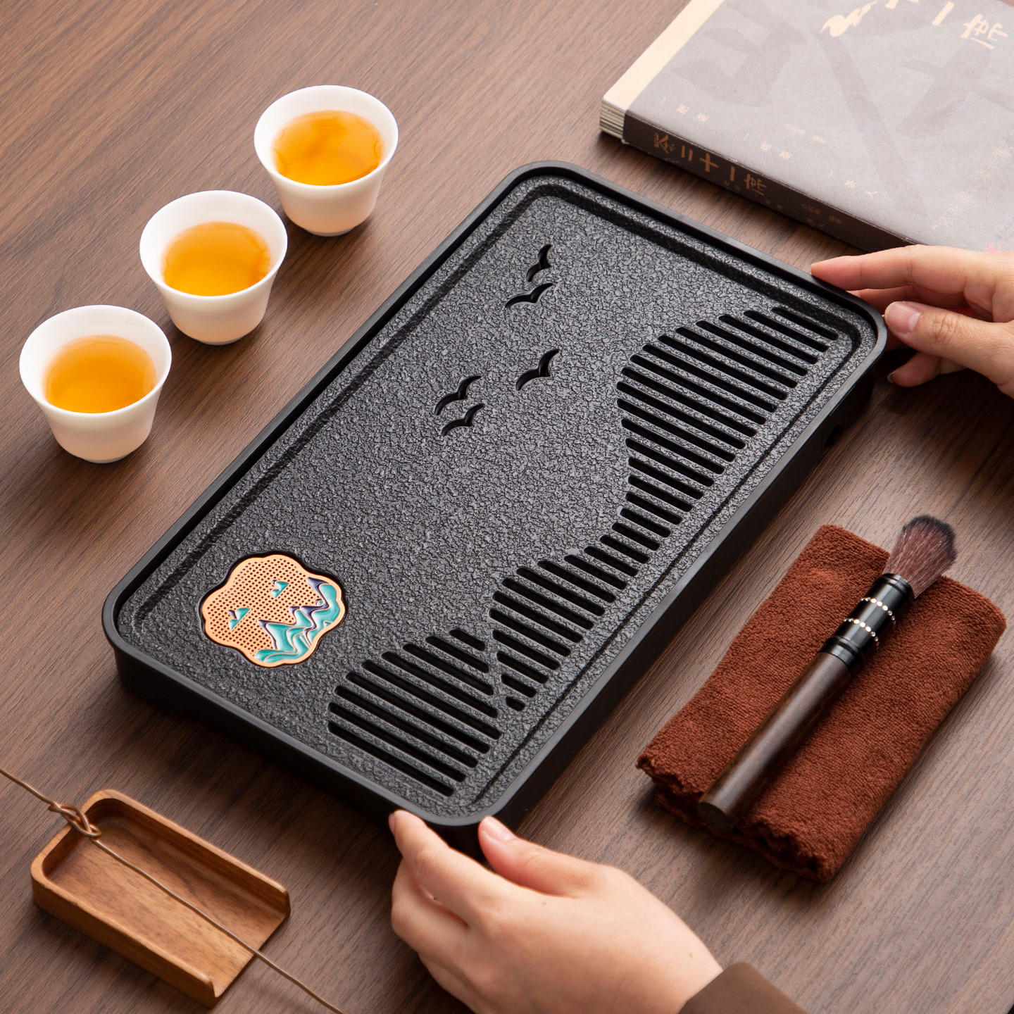 中式石材茶盘长方形简约储水干泡托盘茶具小型茶台沥水茶海家用