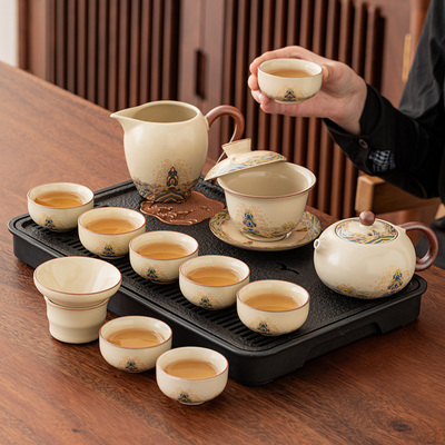 海水江崖汝窑功夫茶具套装家用办公室泡茶盖碗茶壶茶杯子陶瓷整套