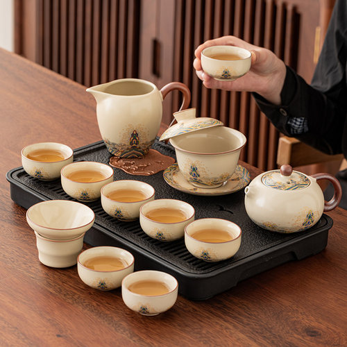 海水江崖汝窑功夫茶具套装家用办公室泡茶盖碗茶壶茶杯子陶瓷整套