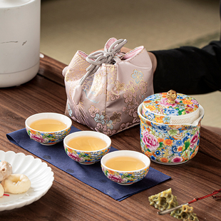 便携式 珐琅彩旅行茶具套装 户外随身快客杯一壶三杯商务活动伴手礼