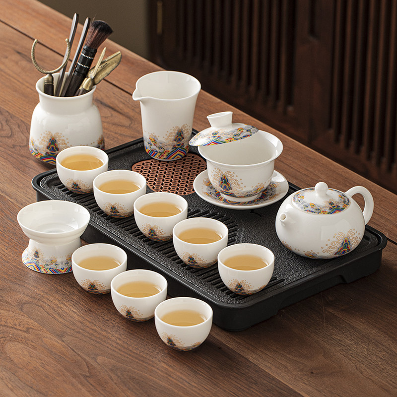 羊脂玉白瓷功夫茶具套装家用泡盖碗茶杯陶瓷高档轻奢整套茶具礼盒
