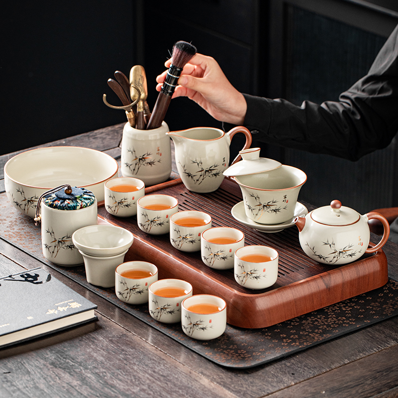 汝窑功夫茶具套装陶瓷中式提梁茶壶盖碗茶杯茶盘轻奢高档家用喝茶