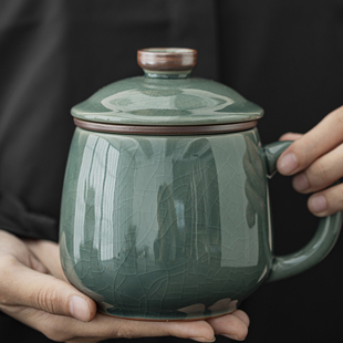 汝窑办公杯茶水分离茶杯办公室带盖陶瓷个人男女过滤泡茶马克水杯