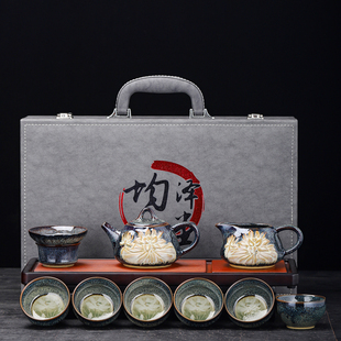 中式 窑变竹报荷花茶具套装 复古家用办公茶盏建盏功夫陶瓷茶器品茶