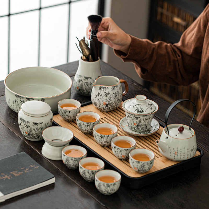 汝窑墨竹茶壶茶具套装家用2025新款用品大全泡茶具功夫茶杯盖碗