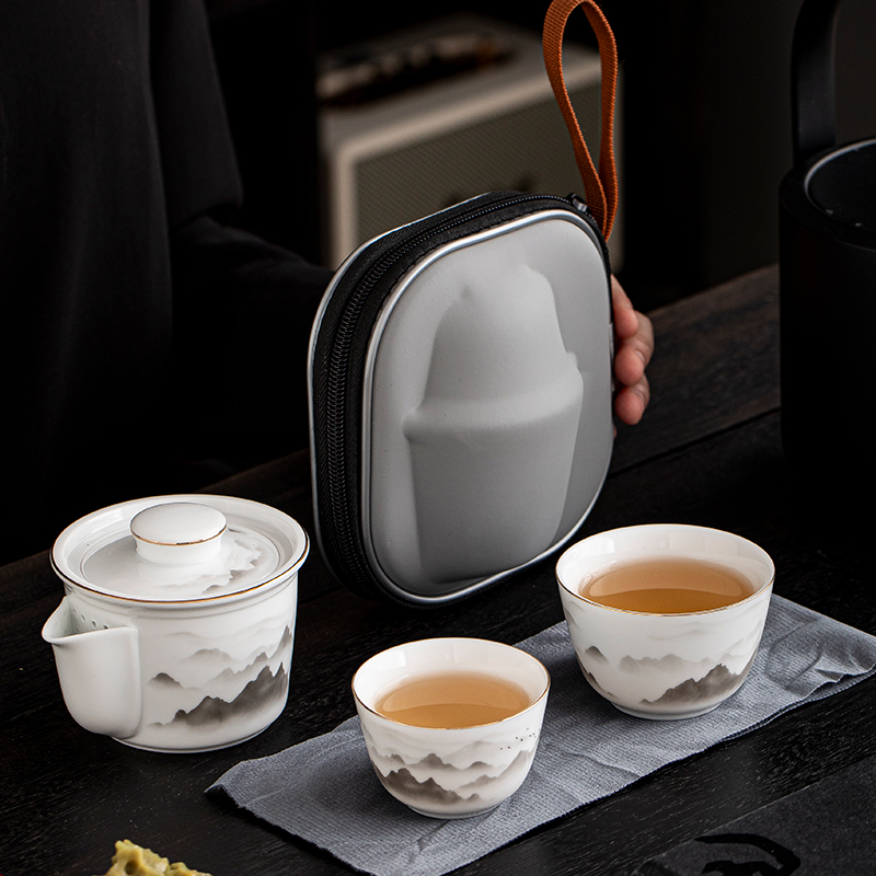 羊脂玉白瓷旅行茶具套装便携式快客杯户外露营泡茶壶茶杯一壶二杯