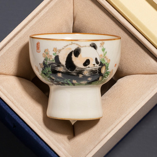 汝窑熊猫圆口高足杯茶杯主人杯家用高档精致品茗杯定制功夫茶具