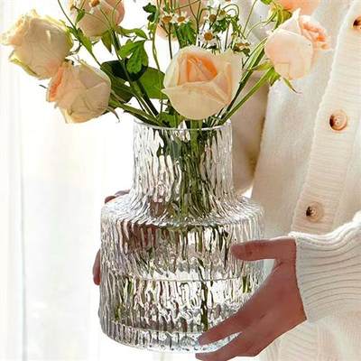 欧式轻奢冰川纹花瓶ins风高颜值大口径加厚透明玻璃新款插花摆件