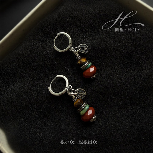 原创925银南红绿松石许愿塔耳环