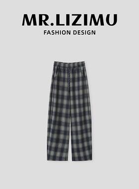 李子木复古格子弯刀裤女2025秋冬新款高腰宽松百搭休闲厚款长裤