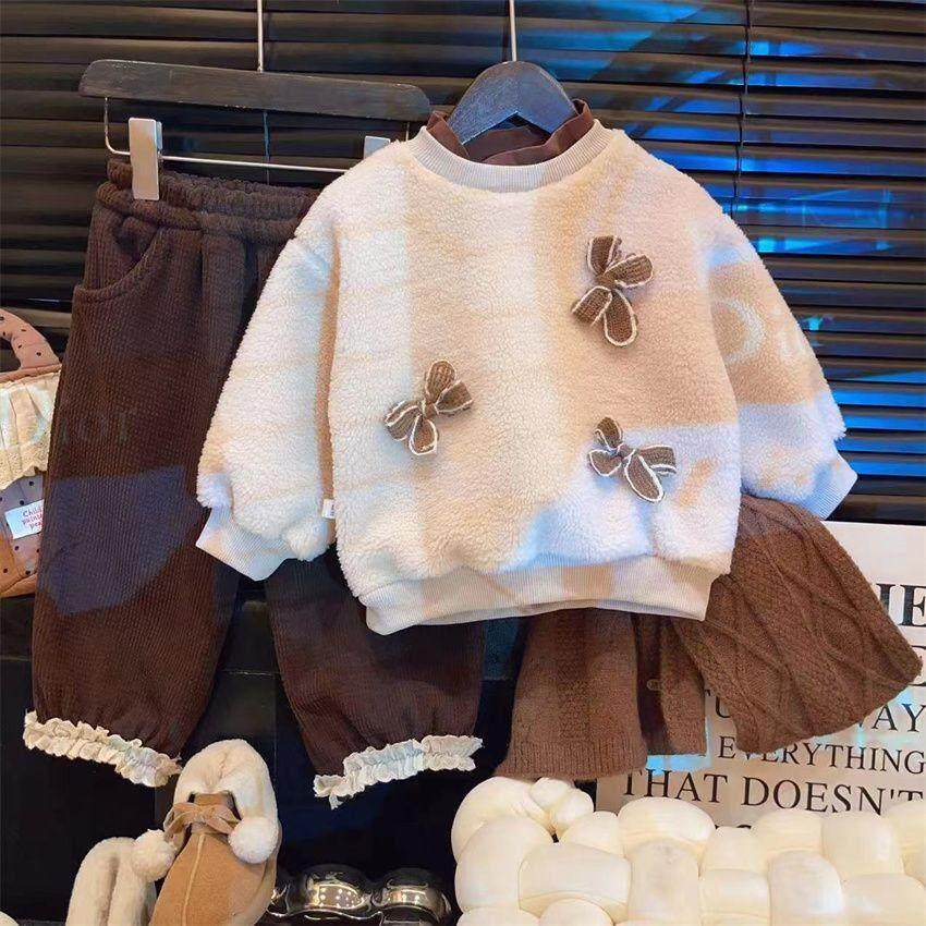 中大童韩系蝴蝶结卫衣套装2024秋冬新款女童加绒卫衣+休闲 裤套装