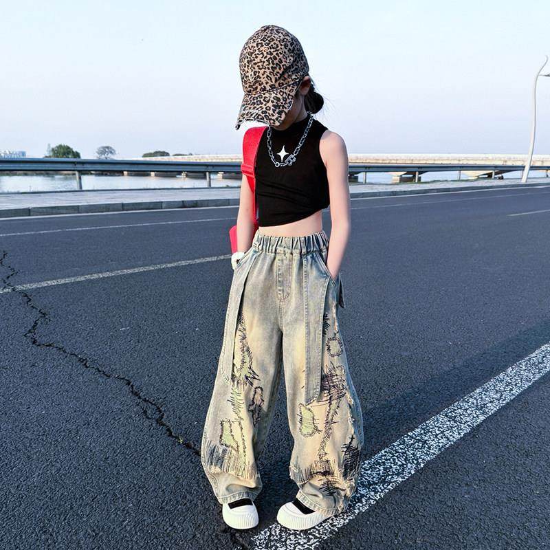 女童美式覆古牛仔裤2025夏季新款宽松慵懒阔腿裤女孩洋派弯刀裤子,童装/婴儿装/亲子装,儿童牛仔裤,淘宝优惠券,粉丝福利购,淘宝优惠卷