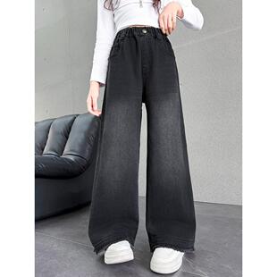 女童冬季加绒裤子2025新款秋冬装时尚毛边黑色阔腿长裤儿童牛仔裤