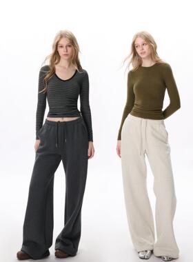 yuuue直筒纯棉卫裤女2025年冬季新款抽绳磨毛加绒保暖阔腿休闲裤