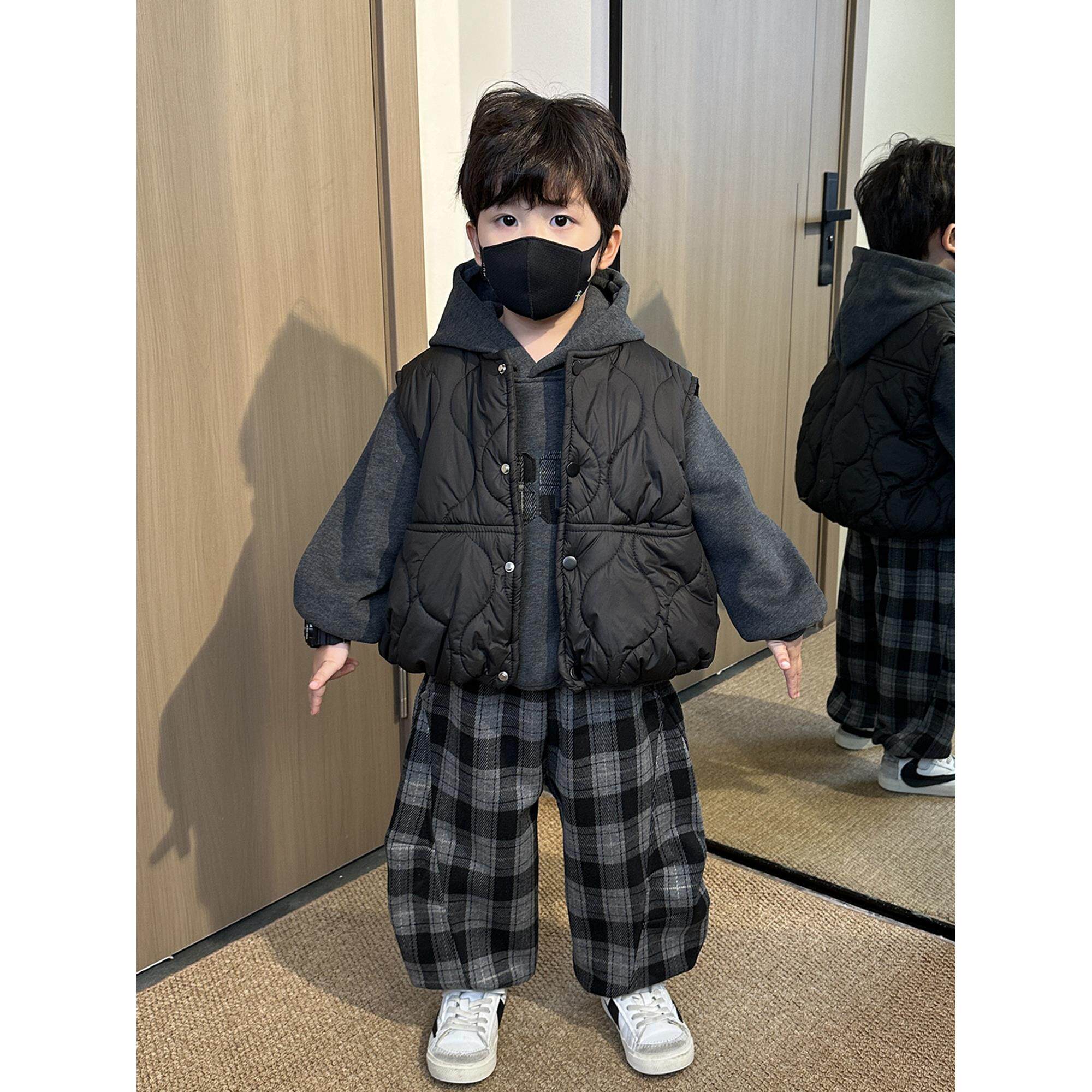 男童加绒卫衣套装冬装2025新款儿童秋冬加厚马甲宝宝休闲裤三件套