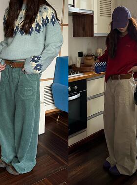 BF慵懒风灯芯绒高腰直筒休闲裤 秋冬复古阔腿长裤POXFFEE女士穿搭