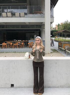 七颗虾滑屁帘裤子冬季女装小个子韩系咖色加绒加厚休闲微喇阔腿裤