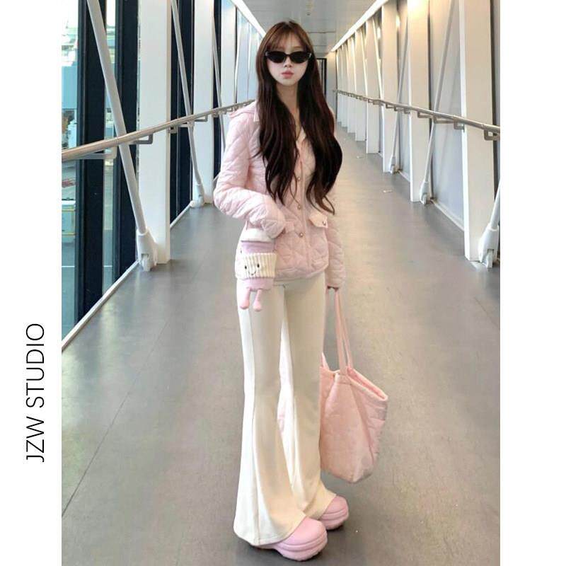 甜妹白色低腰喇叭休闲 裤女春秋加绒抽绳修身小个子慵懒垂感运动