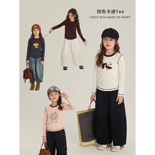 女童韩版卡通秋装上衣儿童长袖纯棉打底衫中大童休闲撞色修身T恤