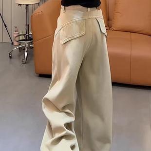大码美式加绒工装牛仔裤女冬季胖mm梨型显瘦宽松直筒阔腿弯刀裤子