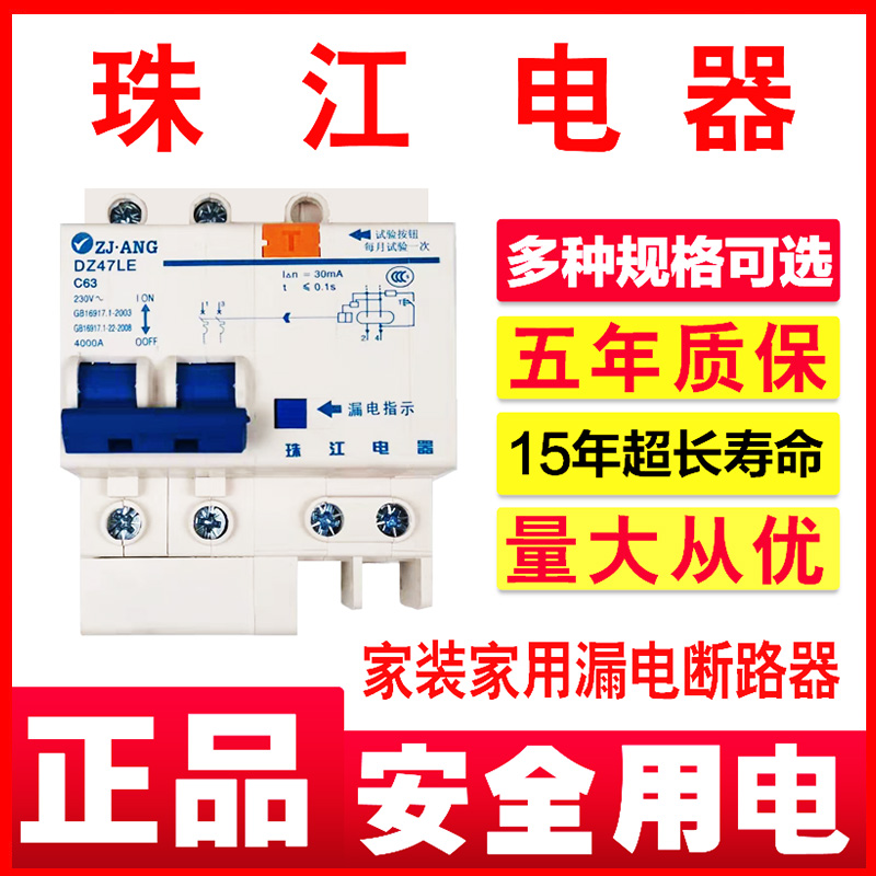 珠江漏电断路器家装家用2P220V32a63A总开关空气带漏保触电保护器