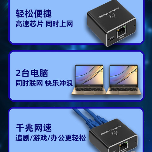 网线分线器一分二同时上网校园网络交换机分配器一拖二转接头千兆