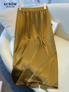 轻奢镀金醋酸妇女裙子夏季新2025利基别致缎面褶皱a线臀裙