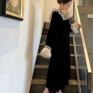 金丝绒连衣裙女秋冬复古欧根纱荷叶边宽松显瘦大码遮肉高级感长裙