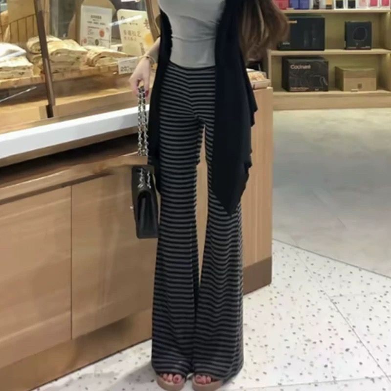 条纹微喇裤女夏季薄款高腰显瘦垂感休闲长裤瑜伽裤百搭松紧腰卫裤图片