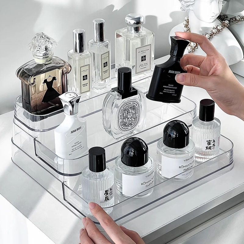 桌面香水置物架梳妆台化妆品收纳盒亚克力轻奢ins透明阶梯展示架