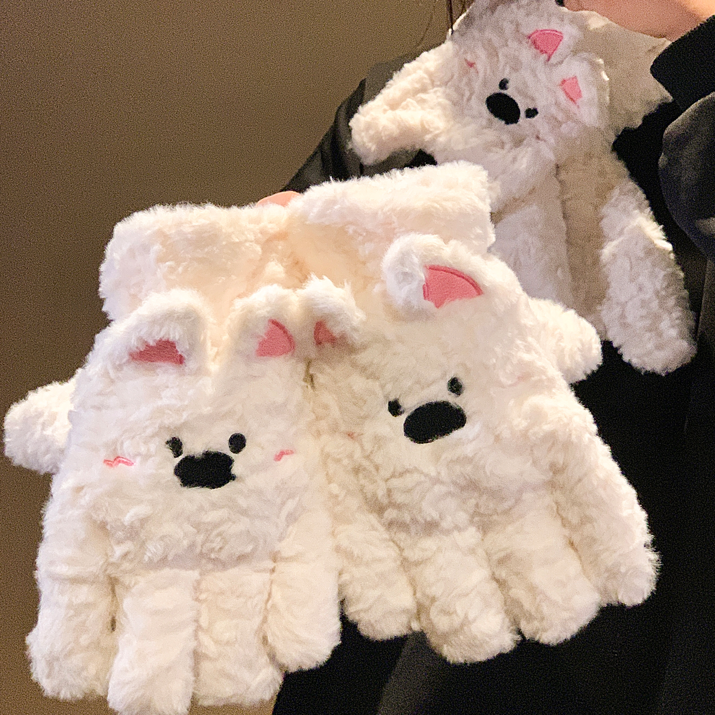 可爱西高地毛绒分指手套女冬季保暖加绒加厚骑车骑行防寒冻可触屏