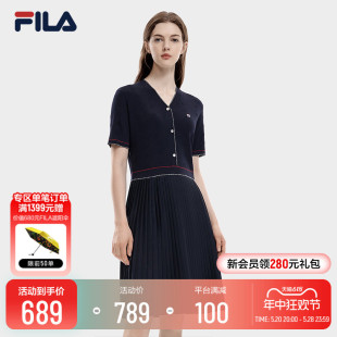 FILA V领短袖 编织百褶拼接休闲裙 斐乐官方女士连衣裙2023秋季