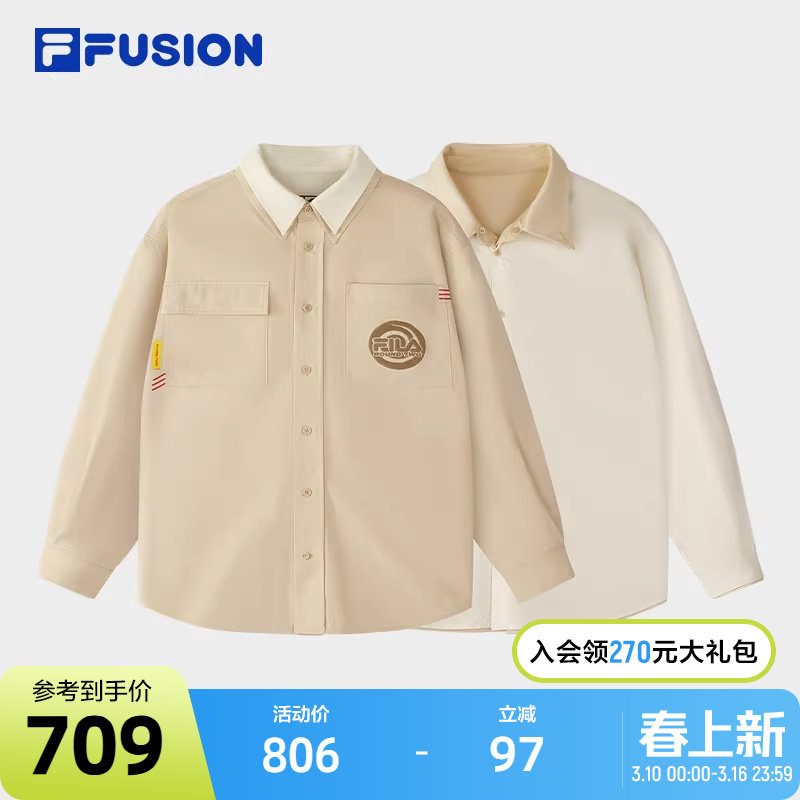 FILA FUSION斐乐潮牌女子两面穿梭织上衣2025夏新款时尚纯棉衬衫
