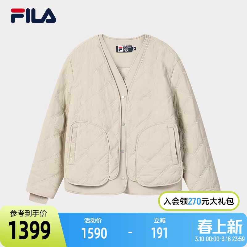 FILA 斐乐官方女士棉服2026春新款时尚休闲绗缝V领假两件保暖外套