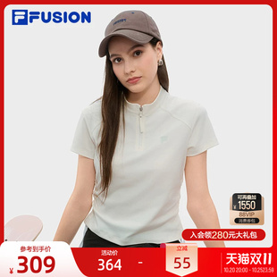 FILA FUSION斐乐潮牌女子针织短袖衫秋新款时尚半拉链修身T恤
